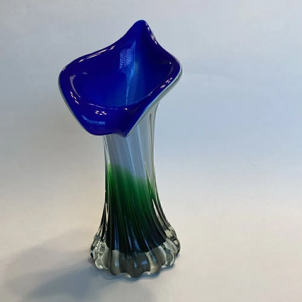 Hand Blown Art Glass Swirled Vase 8” Blue White Green